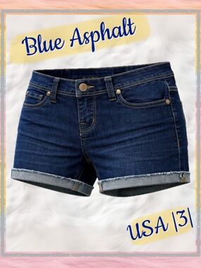 Y2K Wet Seal Blue Asphalt Dark Wash Denim Shorts Size 3 Cuffed Low Rise Stretch